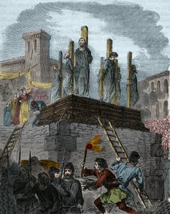O caso dos hereges de Orleans: os cânones foram condenados ao açougueiro por heresia em Orleans em 1022. (primeiro bucher na história da luta contra a heresia no Ocidente sob o governo de Robert II, o Piedoso (996-1031). Gravura do 19º Centurião de Anonymous Anonymous