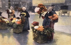 A festa do crisântemo: comerciante do crisântemo na rua. A gravura. Um dos jornais "Le petit parisien" em 20/11/1910. Colecção privada. de Anonymous Anonymous