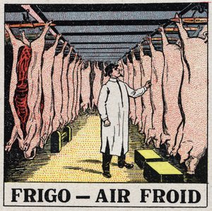 A indústria do frio: armazenamento da carne em frigoríficos. Ilustração anónima a partir de 1925. Coleção privada. de Anonymous Anonymous