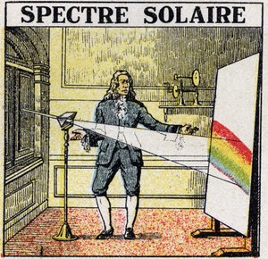 As cores: espectro solar estudado por Isaac Newton (1642-1727). Ilustração anônima de 1925. Colecção privada. de Anonymous Anonymous