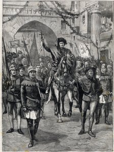 O cortejo das corporações no século XIV: O antepassado dos mercadores de Paris. A gravura. Em "The Little Parisien", em 18/06/1899. Colecção privada. de Anonymous Anonymous