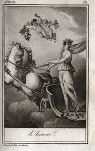 O amanhecer (Apollo guia a carruagem do sol). Alegoria do amanhecer. Gravura de 1819 em "Lettres a Emilie sur la mythologie" de Charles Albert Demoustier (1760-1801). Coleção particular. de Anonymous Anonymous