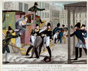 A morte de Charles Ferdinand de Bourbon, Duque de Berry (1778-1820) 13/02/1820 na saída da Academia Real de Música O sobrinho do rei Luís XVIII foi assassinado na Ópera por Louvel um republicano que queria fechar a dinastia real. Engravi de Anonymous Anonymous