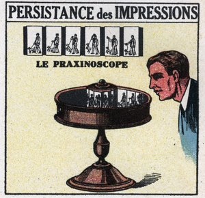 O olho: persistência das impressões. O praxinoscópio. Ilustração anónima de 1925. Coleção privada. de Anonymous Anonymous