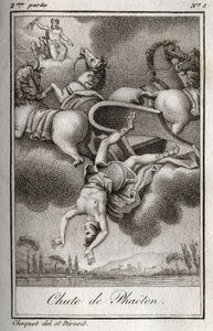 A queda de Phaeton Phaeton (Phaethon), incapaz de controlar o tanque Helios, foi atingida por Zeus, e caiu no rio Eridan. Gravura de 1819 em "Lettres a Emilie sur la mythologie" de Charles Albert Demoustier (1760-1801). Coleção privada. de Anonymous Anonymous