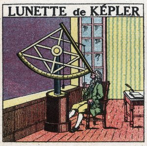 Os primeiros instrumentos ópticos: luneta astronómica de Johannes Kepler (Keppler) (1571-1630) inventada por volta de 1615. Ilustração anônima a partir de 1925. Coleção particular. de Anonymous Anonymous