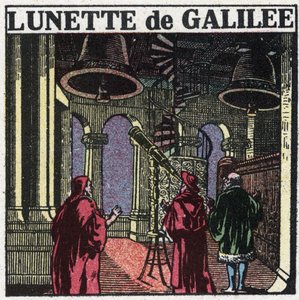Os primeiros instrumentos ópticos: luneta astronômica de Galileu Galilei chamada Galileia (1564-1642), inventada em 1610. Ilustração anônima de 1925. Coleção privada. de Anonymous Anonymous