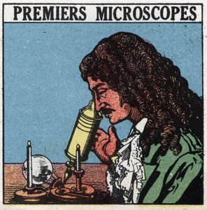 Os primeiros instrumentos ópticos: microscópio utilizado na época de Christiaan Huygens (Huyghens) (1629-1695). Ilustração anônima de 1925. Coleção privada. de Anonymous Anonymous