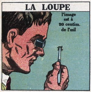 Os primeiros instrumentos ópticos: a lupa. Ilustração anónima de 1925. Colecção privada. de Anonymous Anonymous