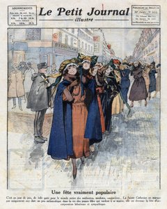 A viagem das catinetas, jovens celibatárias com chapéus tradicionais, nas ruas de Paris. Ilustração retirada do "Le petit journal illustrious" de 12/04/1921. Coleção Particular de Anonymous Anonymous