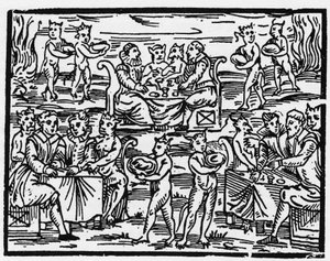 A refeição das bruxas no Sábado - "Compendium Maleficarum", trata das bruxas, do seu mal e das suas faculdades por Francesco Maria Guazzo ou Guaccio ou Guaccius (15?? -16??) 1608 Coleção Privada de Anonymous Anonymous