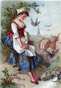 O leite e o pote de leite. Fábula de Jean de La Fontaine (Lafontaine) (1621-95). A cromolitografia do século XIX. Coleção particular. de Anonymous Anonymous