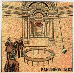 O pêndulo: experiência de Leon Foucault (1819-1868) no Panteão em 1851 e demonstrando a rotação da Terra. Ilustração anônima de 1925. Coleção particular. de Anonymous Anonymous