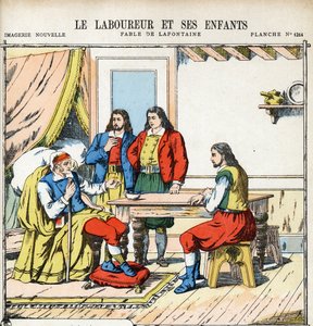 O lavrador e os seus filhos. Ilustração anônima para Les Fables de Jean de LA FONTAINE (Lafontaine) (1621-1695). Imagem de Pont-a-Mousson, por volta de 1880. Coleção particular. de Anonymous Anonymous