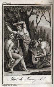 O castigo ou morte de Marsyas (O Castigo de Marsyas) é punido por ter desafiado Apolo à lira e é barrado pelo Arqueiro na presença do Rei Midas e das Musas. Gravação de 1819 em "Lettres a Emilie sur la mythologie" de Carlos de Anonymous Anonymous