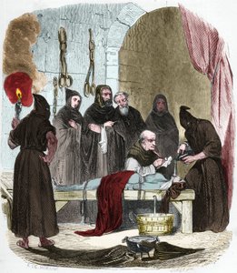 A questão da água: Pedro (Pierre) de Arbues (1441/1442 - 1485) interroga sob tortura uma jovem que alegadamente induziu sua irmã a recorrer ao luteranismo. Amarrada por cordas, a água é despejada num pano que é empurrado para o fundo da garganta. de Anonymous Anonymous