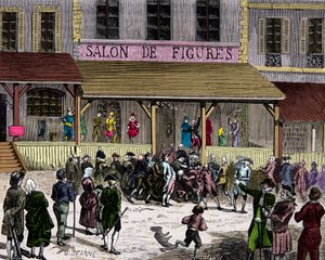 O salão de figos de cera boulevard du temple em Paris no século XVIII, fundado por Curtius, Engraving, Private Collection de Anonymous Anonymous
