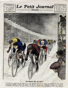 A corrida de seis dias: Piet van Kempen (1898-1985), Alfred Grenda, Seres e Maurice Brocco (1883-1965) durante o sprint. Gravura no Le Petit Journal illustre, em 16/04/1922 de Anonymous Anonymous