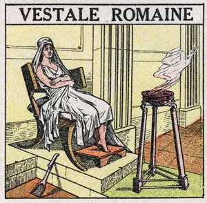 As fontes de luz: uma vestal no Império Romano para manter um fogo sagrado que nunca deve ser extinguível. Ilustração anónima de 1925. Coleção privada. de Anonymous Anonymous