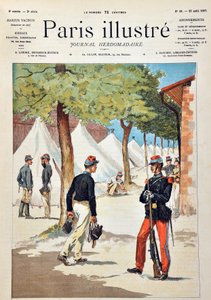 Os alunos da escola de Saint-Cyr (Saint Cyr), no acampamento de Chalons. Gravura de 1887 no "Paris-Illustrous Journal Weekly". de Anonymous Anonymous