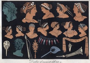 Tiaras e ornamentos de cabeças na Grécia antiga - gravura de "Usos e Costumes de Todos os Povos do Universo". Ou melhor, a história do governo, das leis, das milícias, da religião de todas as nações desde os tempos mais remotos até aos nossos dias" 1856 de Anonymous Anonymous
