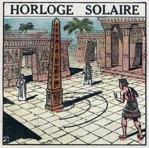 Tempo: relógio solar (relógio de sol) usado no antigo Egito. Ilustração anónima de 1925. Coleção privada. de Anonymous Anonymous