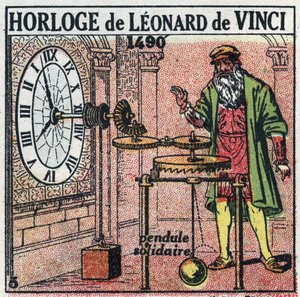 Tempo: relógio de peso inventado por Leonard de Vinci (Leonardo da Vinci) (1452-1519) em 1490. Substitui o folheto por um equilíbrio vertical. Ilustração anónima a partir de 1925. Coleção particular. de Anonymous Anonymous