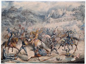 Tournoi (Idade Moyen) - Torneio de cavaleiros montados - Anónimo - 1840 - Litografia a cores - 20,3x30,5 - Colecção Privada de Anonymous Anonymous