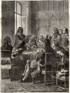 Tratado de Ryswick (O Tratado de Ryswick, 30 de Outubro de 1697) (fim da Guerra da Liga de Augsburgo entre Luís XIV e a Grande Aliança). Gravura do século XIX. Coleção privada. de Anonymous Anonymous