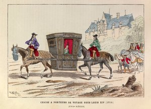 Une chaise à porter de voyage sous le reign du roi Louis XIV (1715) - Cadeira Sedan carregada por cavalos do reinado do rei Luís XIV da França de Anonymous Anonymous