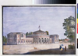 Uma estação ferroviária e um restaurante francês em Catharinhof (estação ferroviária e restaurante francês em Catharinhof). Litografia anônima, colorida em aquarela, 22 x 33 cm de Anonymous Anonymous