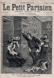 Vários fatos: um drame do alcoolismo - Le crime du Boulevard de Courcelles em Paris - Gravura em "Le petit Parisien" de 1891 - Privee de coleção de Anonymous Anonymous