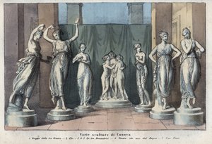 Várias esculturas de Canova - As Três Graças - Hebe - As Três Graças Dançando - Venus Italica - Muse - gravura de "Usi e Costumi di Tutti i Popoli dell