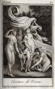 Cinto Venus: Enquanto a batalha continua a beneficiar os troianos, Junon usa o cinto de Vénus para encantar Júpiter, e dormir para o pôr a dormir. Gravura de 1819 em "Lettres a Emilie sur la mythologie" de Charles Albert Demoustier (1760-1801). Coleção par de Anonymous Anonymous