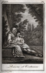 Vertumne e Pomone (Júpiter e Ceres): Vertumne, apaixonada pela ninfa Pomone, disfarça-se de mulher velha para se aproximar dela. Gravura de 1819 em "Lettres a Emilie sur la mythologie" de Charles Albert Demoustier (1760-1801). Coleção particular. de Anonymous Anonymous