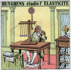 Movimentos vibratórios: Christiaan Huygens (1629-1695) estuda a elasticidade do material através da observação de contas de marfim. Ilustração anônima de 1925. Coleção privada. de Anonymous Anonymous
