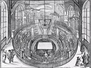Vista de um teatro anatómico provavelmente na Universidade de Leiden no início do século XVII (gravura) de Anonymous Anonymous
