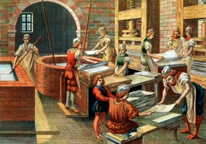 Vista de uma oficina de fabrico de papel em Fabriano, no século XVI, Itália. Os diferentes passos. A ilustração. Coleção Particular - Uma oficina de fabricação de papel em Fabriano (Itália) de Anonymous Anonymous