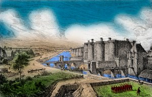 Vista da Bastilha com as suas paredes circundantes sob o Rei Carlos V, o Sábio (1338-1380), Gravura, Colecção Privada de Anonymous Anonymous