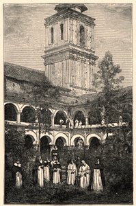 Vista do Convento Dominicano em Quito, Equador. Gravura em "Les Missions Catholiques au XIXeme Siecle" de Louis-Eugene (Louis Eugene) Louvet. coleção particular. de Anonymous Anonymous