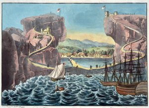 Vista da Ilha de Santa Helena do lado do local de desembarque perto do Forte James - Anónimo - 1815 - Aquatint - 46,7x54,5 - Colecção Privada de Anonymous Anonymous