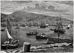 Vista da ilha de Syra, na Grécia. Gravura em "Les Missions Catholiques au XIXeme Siecle" de Louis-Eugene (Louis Eugene) Louvet. coleção particular. de Anonymous Anonymous