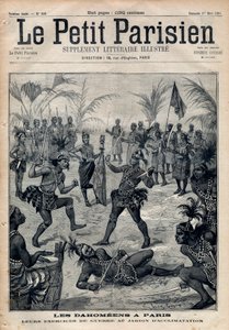 Exercícios de guerra: Amazonas, guerreiros e feticheurs dahomeens (agora Benin) do jardim da aclimatação em Paris (Jardim Zoológico Humano). Gravura em "Le petit Parisien", de 1891. Colecção privada. de Anonymous Anonymous