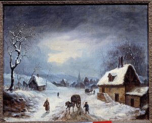 Paisagem de Inverno. Uma carruagem em uma estrada coberta de neve. Uma pintura anónima. Colecção privada do século XIX. de Anonymous Anonymous