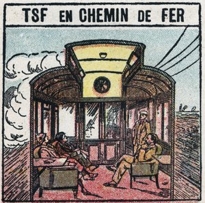 Telefonia sem fio: T.S.F. em um vagão ferroviário. Ilustração anônima de 1925. Coleção privada. de Anonymous Anonymous