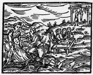 Bruxas dissuadindo os mortos num cemitério - "Compendium Maleficarum", trata das bruxas, do seu mal e das suas faculdades por Francesco Maria Guazzo ou Guaccio ou Guaccius (15?? -16??) 1608 Colecção Privada de Anonymous Anonymous