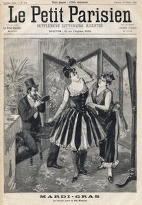 Mulheres preparando o seu desengraxe atrás de uma tela e homem tentando a sua máscara na forma de um tubo de elefante para a Bola de Máscara do Carnaval (Mardi-Gras). Um dos jornais "Le Petit Parisien" em 19/02/1893. de Anonymous Anonymous