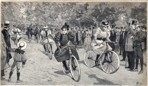 A raça feminina de velocipedistas no Bois de Boulogne, perto de Paris. Gravura no "Le Petit Parisien" em 25/06/1893. de Anonymous Anonymous