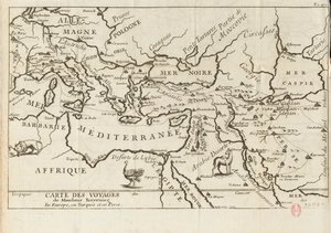 Mapa das Viagens de Tavernier na Europa, Pérsia, Turquia, século XVII. de Anonymous master.
