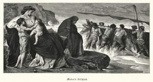 O Adeus de Medéia: cena da tragédia grega antiga de Eurípides Medéia, baseada na lenda de Medéia e Jason (gravura)